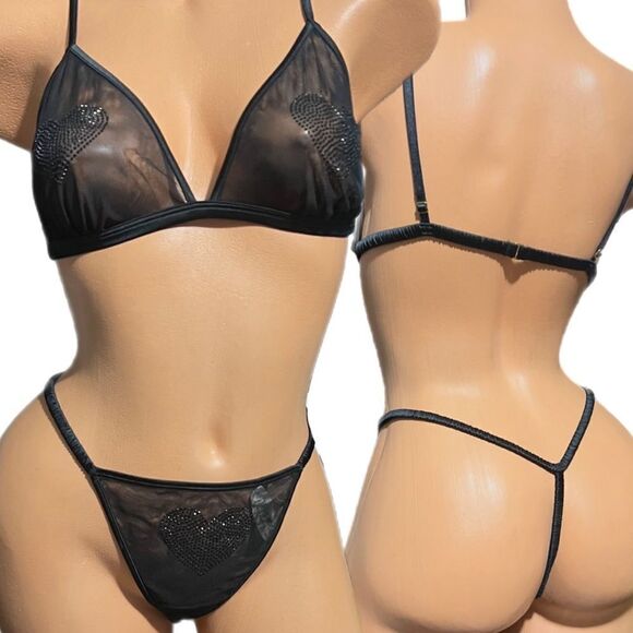 Victorias Secret Bling Rhinestone Heart Sexy sheer mesh bralette & V string L - Picture 5 of 8